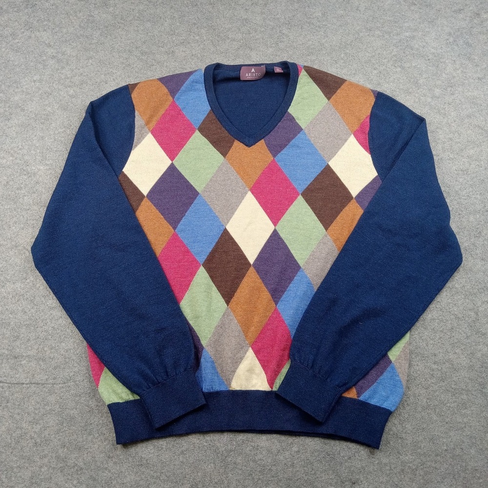 Aristo Sweater Mens XL Multicolor‎ 100% Merino Wool V Neck Argyle Knit Pullover
